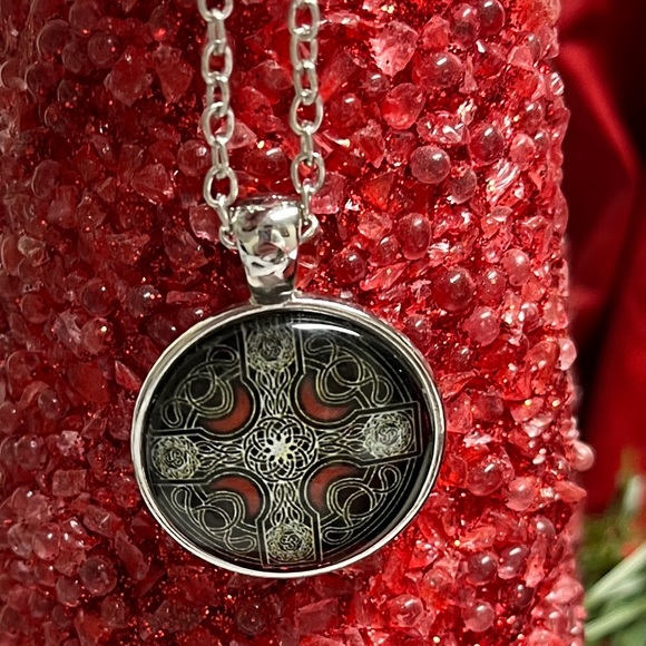 Jewelry - Black and red Celtic cross charm necklace. 1” clear dome front. Chain 18”. New.